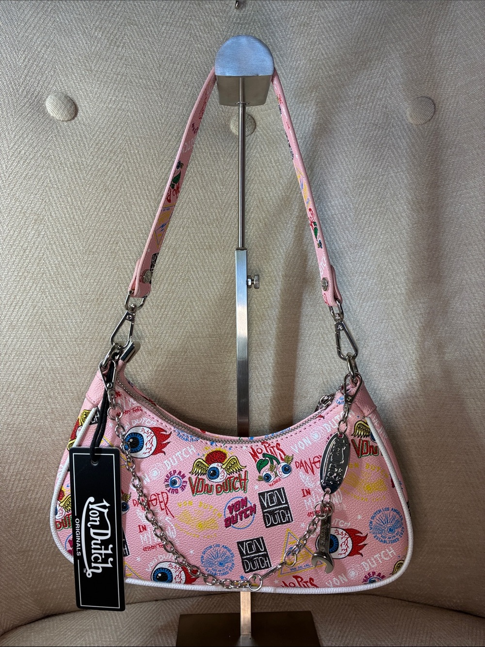 Von Dutch Pink Graphic Logo Shoulder Bag with Chain Detail